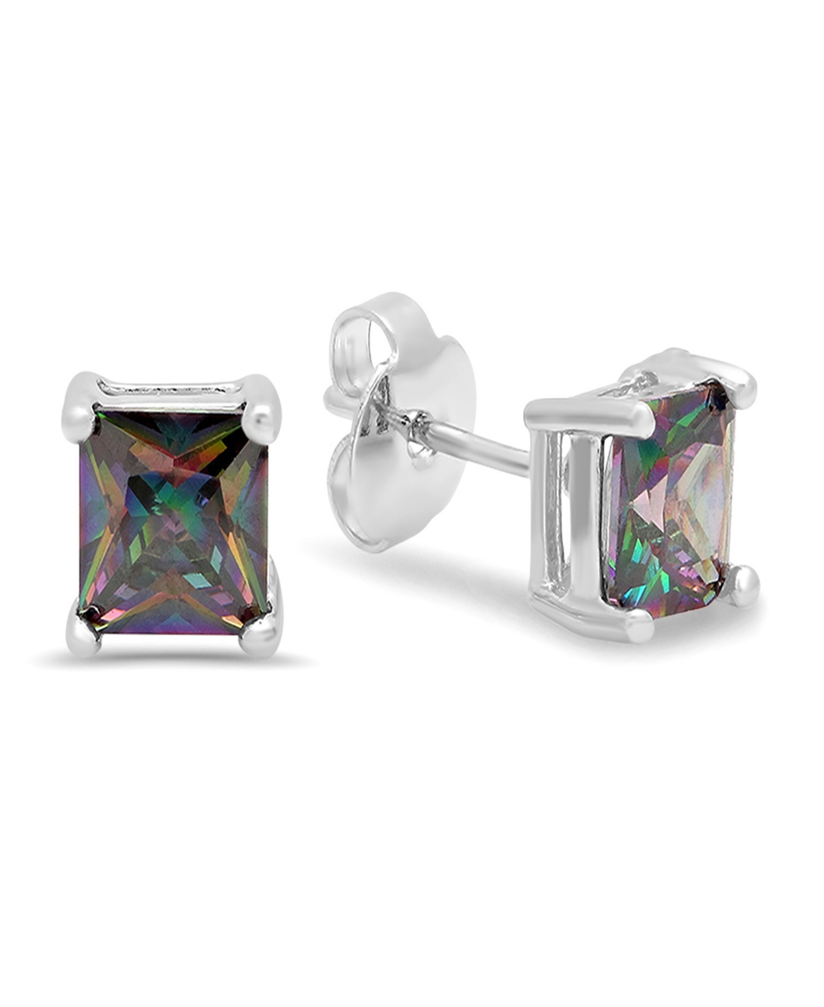 Women's Rainbow Simulated Diamonds Princess Cut Stud Earrings - White Gold, Multi Color