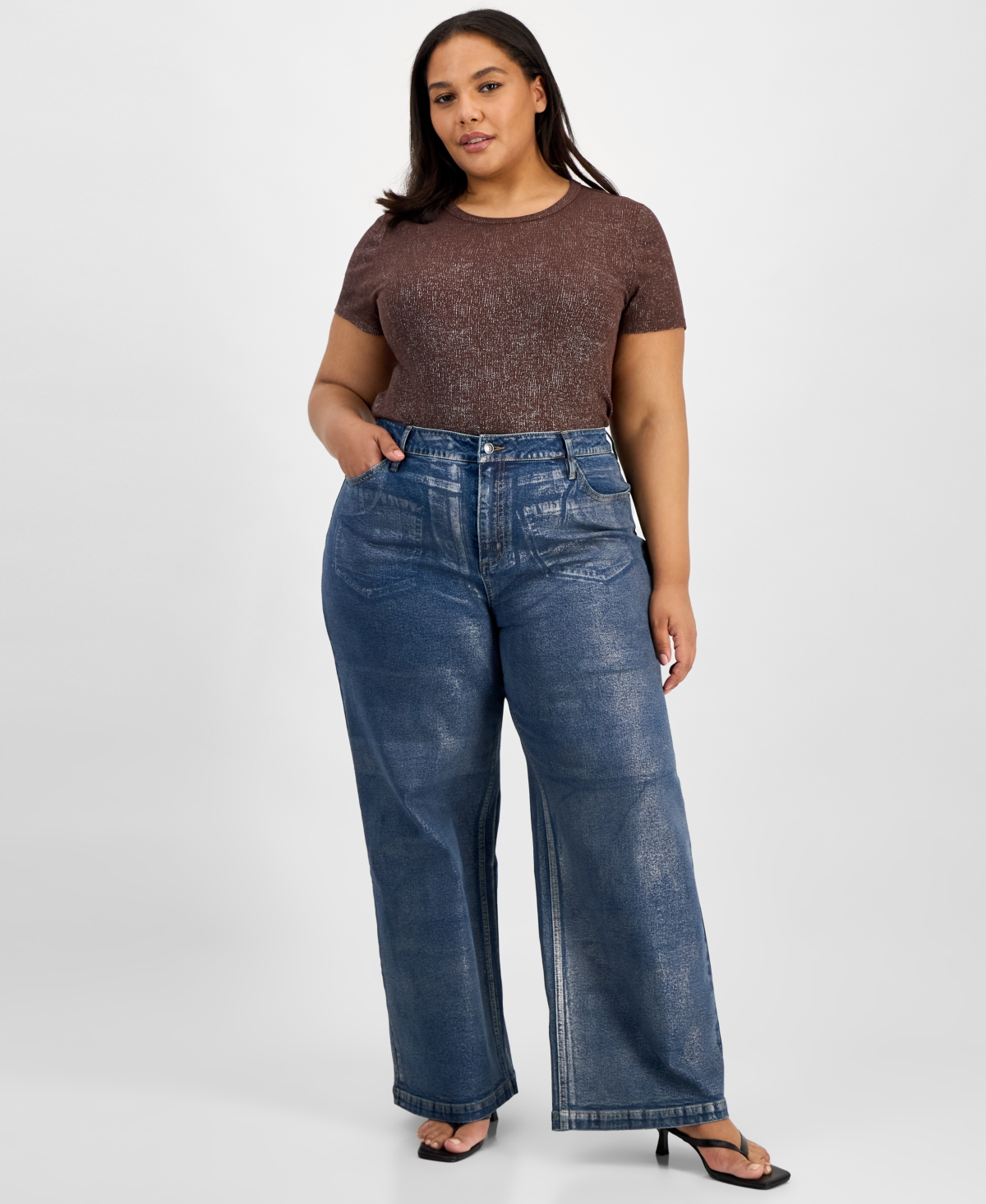 Trendy Plus Size Metallic High-Rise Wide-Leg Jeans, Macy's Exclusive - Slvr Mtlic Catg