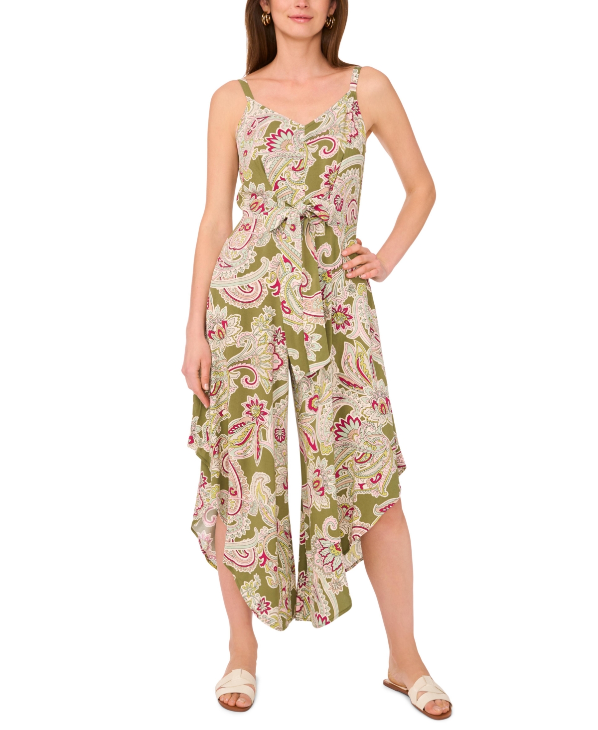 Women's Cropped Paisley Tie-Front Jumpsuit - Dark Loden