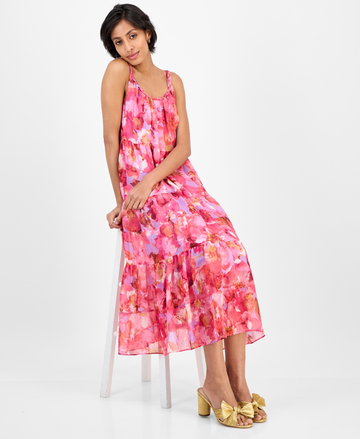 Robbie Bee Women's Printed Braided-Trim Tiered Midi Dress