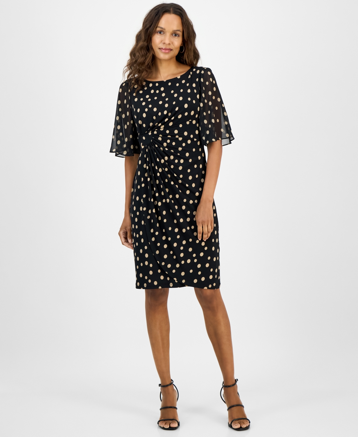Petite Printed Side-Shirred Butterfly-Sleeve Dress - Camel