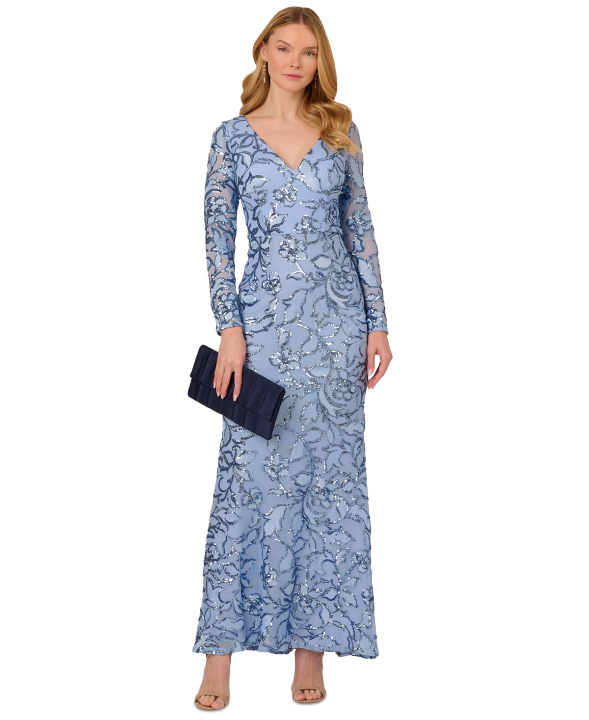 Women's Sequin Embellished Long-Sleeve Gown - Electric Ice
