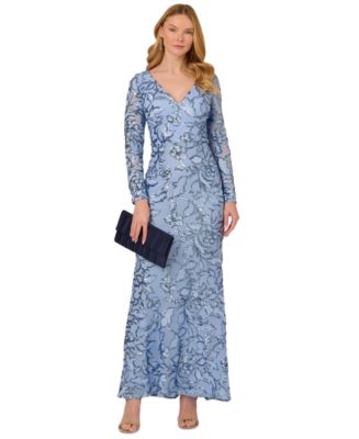 knee length dresses for ladies Adrianna Papell Platinum 40445 - Long Beaded Mesh Trumpet Dress