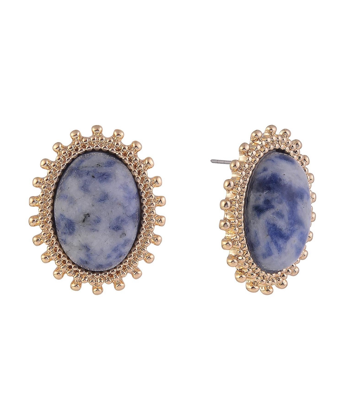Gold Tone Oval Button Earrings - Blue