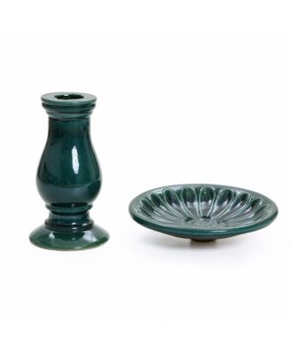 Dark Green Flower 21.65-Inch Tall Ceramic Birdbath