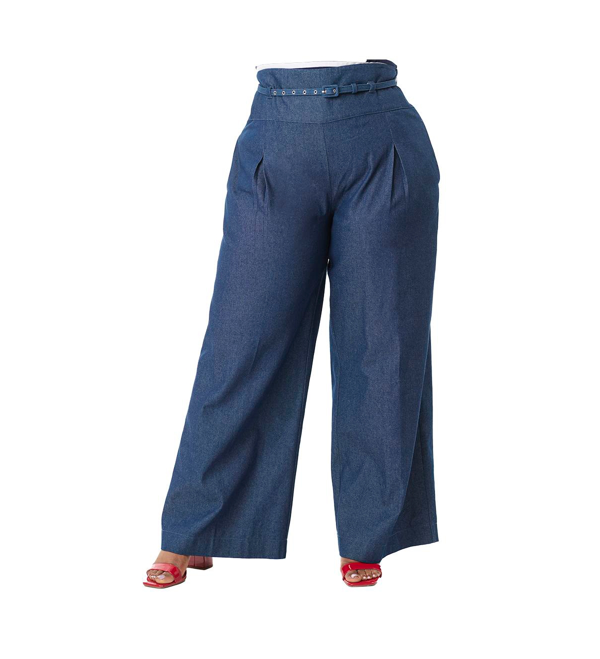 Plus Size Wide Leg Pleated Pants - Blue denim