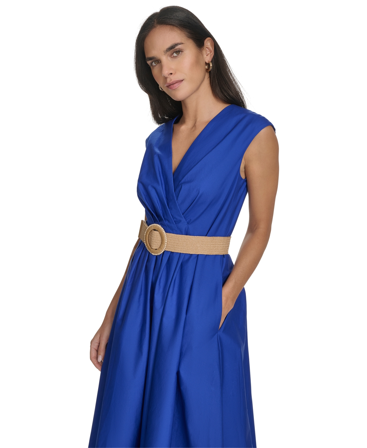 Jessica Howard Plus Size Belted Sleeveless V-neck Midi Dress In Blue