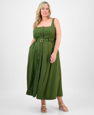 Plus Size Square-Neck Belted Button-Front Dress