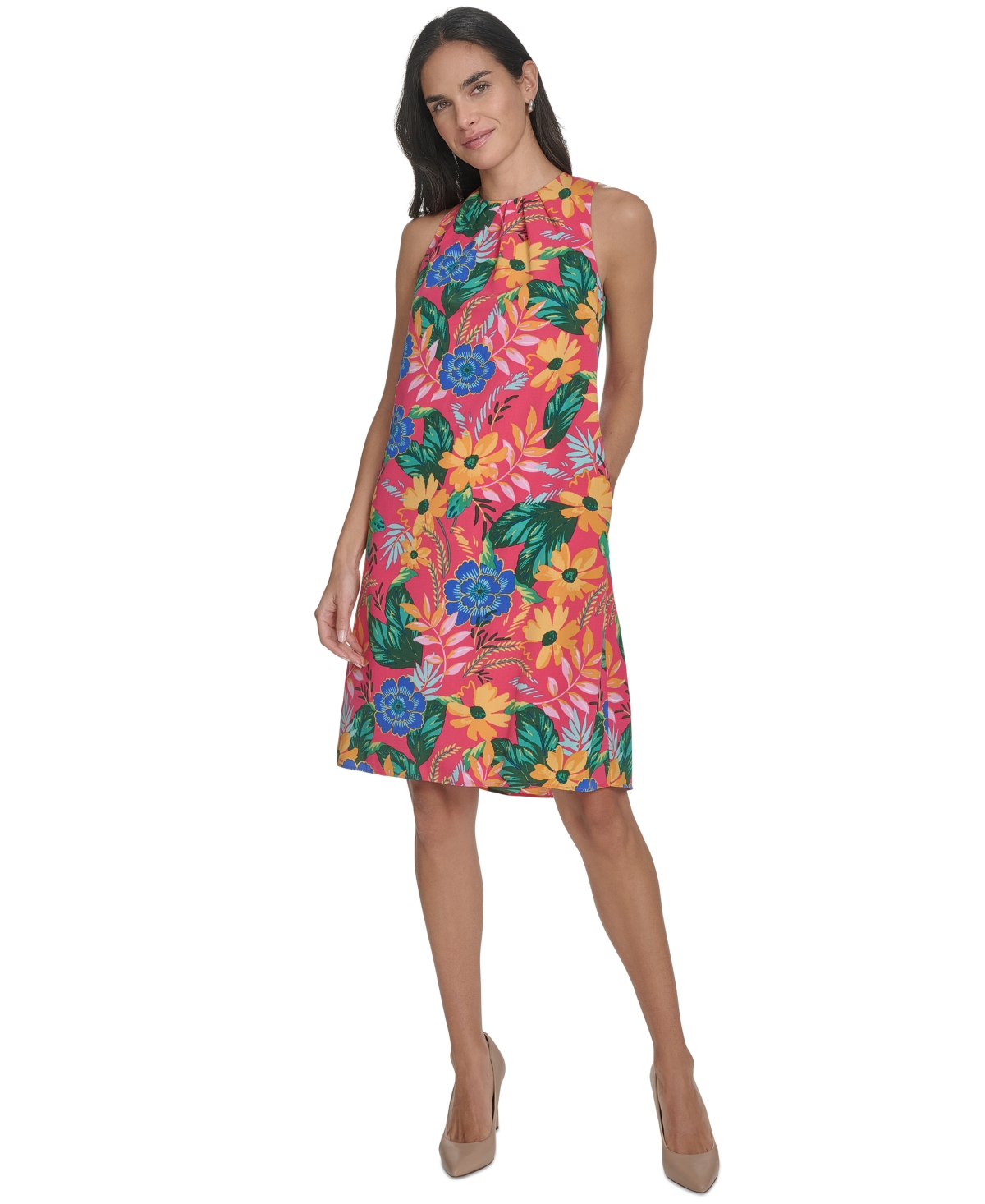 Petite Floral Sleeveless Jewel-Neck Shift Dress - Fuchsia