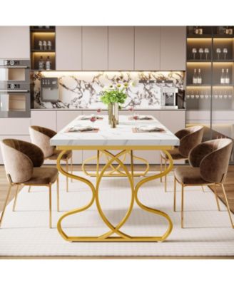 63-Inch Dining Table for 4-6 People, Rectangular Modern Kitchen Dinner Table for Dining Room, White Faux Marble and Gold