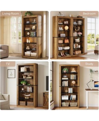 Set of 2 Tall Bookshelves, 74.4'' Vintage 7-Tier Open Storage Shelving Units, Freestanding Display Racks for Living Room, Bedroom, or Home Office