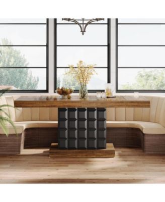 63'' Dining Table for 4-6, Farmhouse Wooden Rectangular Dinner Table with Geometric Relief, Pedestal Base