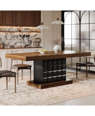 63'' Dining Table for 4-6, Farmhouse Wooden Rectangular Dinner Table with Geometric Relief, Pedestal Base