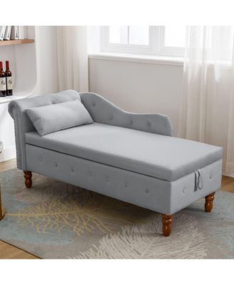 Velvet Upholstered Chaise Lounge with Storage and Pillow, Tufted Rolled Arm Chair with Nailhead Trim for Living Room or Bedroom