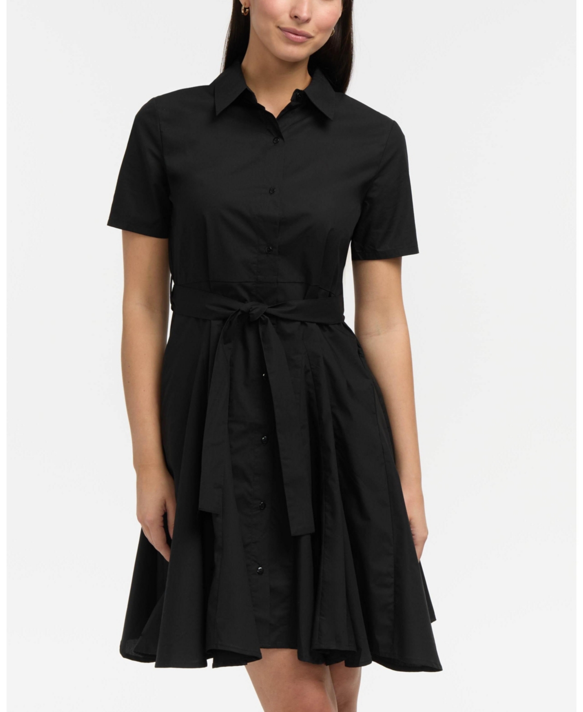 Women's Short Sleeve Flared Shirt Dress - Black