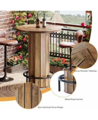 Round Bar Table, 39.4" H Wood Bistro Pub Table with Metal Ring Footrest for Dining Coffee Cocktail Living Room, Small Space(Only Table)