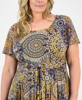 Plus Size Printed Tie-Waist Midi Dress