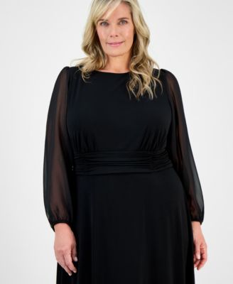 Plus Size Shirred-Waist Sheer-Sleeve Midi Dress