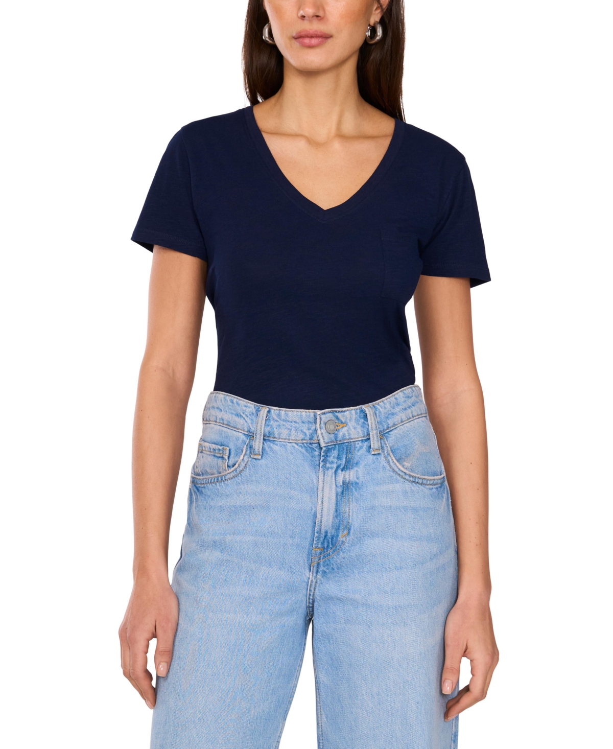 Women's Cotton Solid-Color V-Neck Pocket T-Shirt - Classic Na