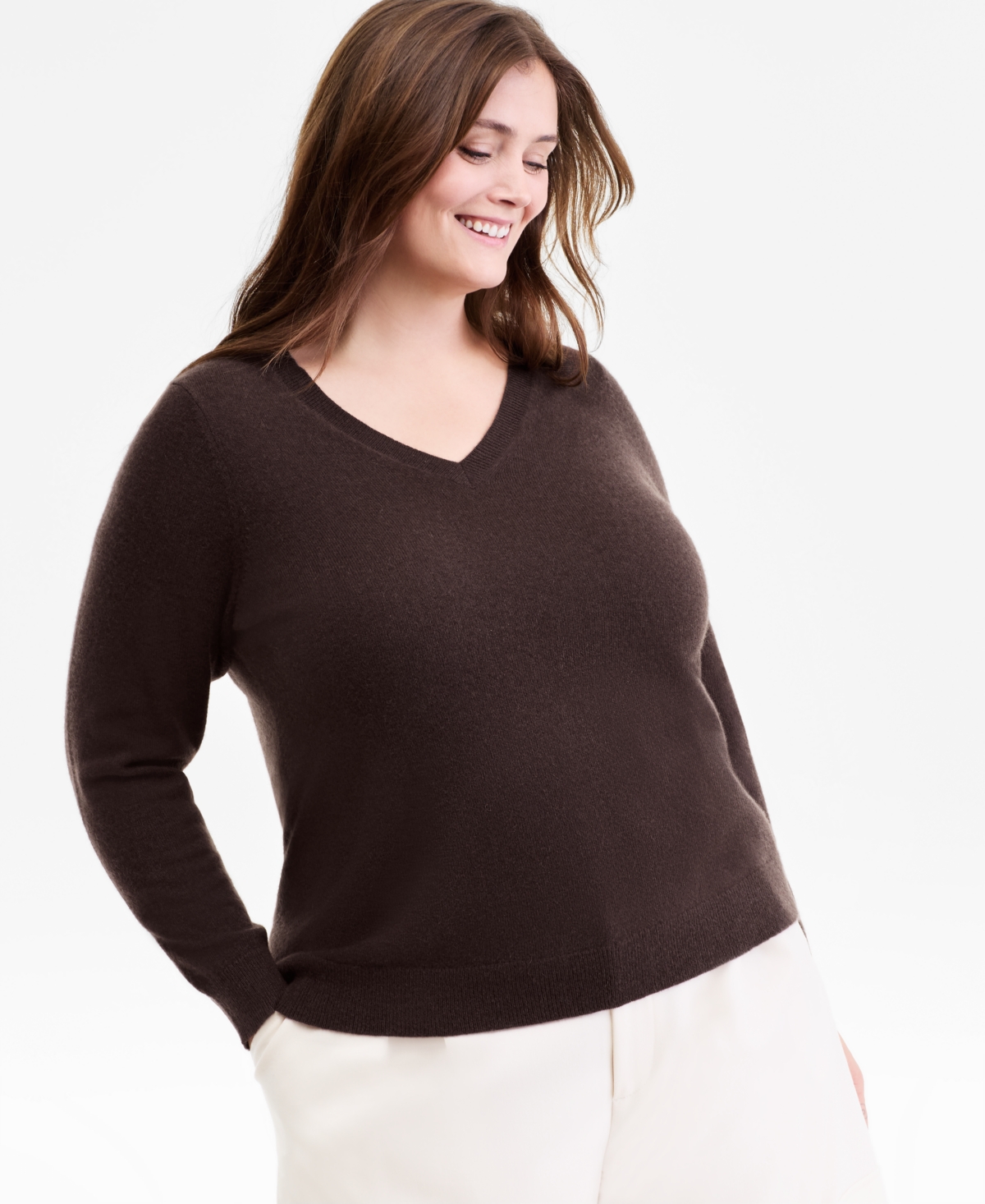 Charter Club Plus Size 100% Cashmere V-neck Sweater, Macy's Exclusive In Brown