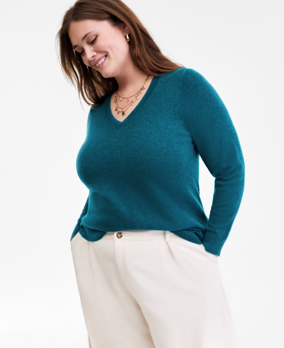 Plus Size 100% Cashmere V-Neck Sweater, Macy's Exclusive - Blue Opal Heather
