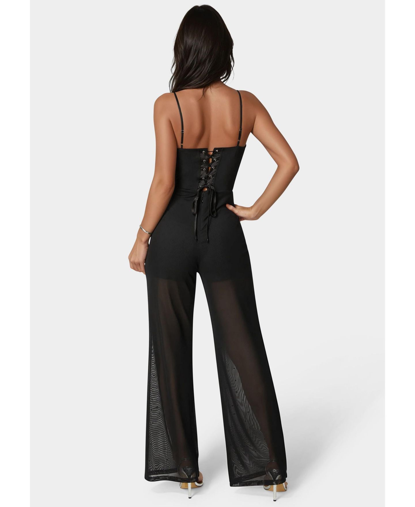 Женский комбинезон Bebe Ombre Embellished Jumpsuit, цвет: Чёрный серебряный — фото 2