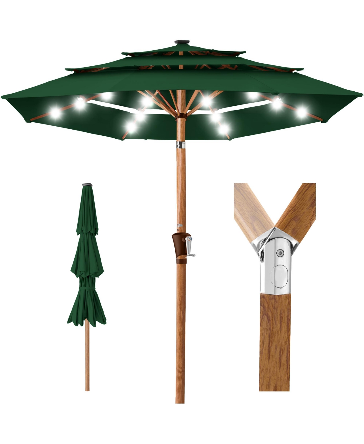 Woodgrain Pattern 10ft 3-Tier Solar Patio Umbrella w/ 24 Led Lights, Tilt - Green