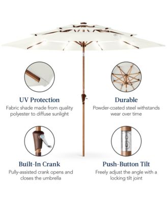Woodgrain Pattern 10ft 3-Tier Solar Patio Umbrella w/ 24 LED Lights, Tilt
