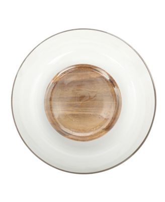 Wildgreens Large Glass Salad Bowl Set with Acacia Wood Base and Acacia Serving Utensils