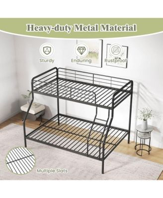 Twin over Full Metal Bunk Bed with Inclined Ladder Safety Guardrail, Slat Support