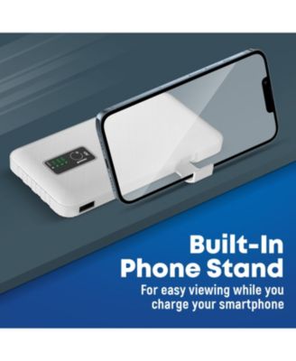 10,000mAh Rapid Charging Power Bank with LCD Battery Display, 4 Built-In Cables, and Phone Stand