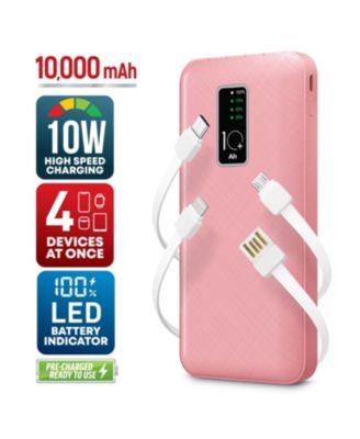 10,000mAh Rapid Charging Power Bank with LCD Battery Display, 4 Built-In Cables, and Phone Stand