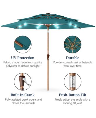 Woodgrain Pattern 10ft 3-Tier Solar Patio Umbrella w/ 24 LED Lights, Tilt