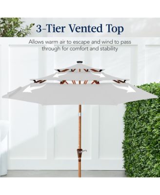 Woodgrain Pattern 10ft 3-Tier Solar Patio Umbrella w/ 24 LED Lights, Tilt