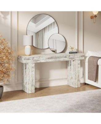 63-Inch Long Console Table, Farmhouse Wooden Sofa Table Behind The Couch, Narrow Entryway Table for Entrance, Hallway, Living Room (Distressed White)