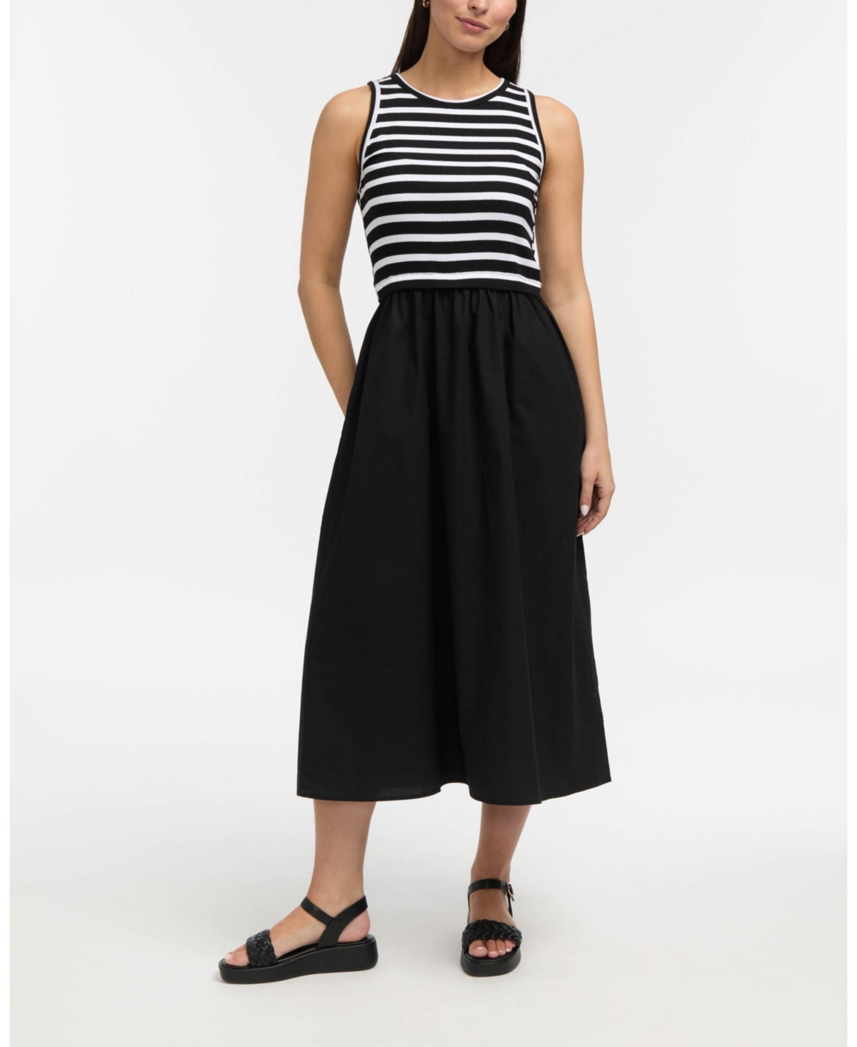 Women's Sleeveless Mixed Media Midi Dress - Black