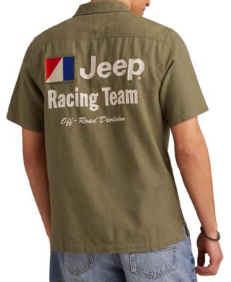 Мужская рубашка с вышитой нашивкой Jeep спереди на пуговицах от бренда Lucky с коротким рукавом