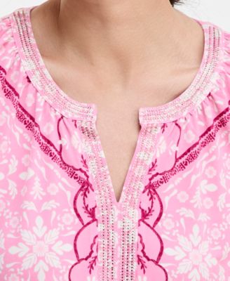 売れ筋商品|||ジェイエムコレクション カットソー トップス レディース Women's Printed Chiffon Sleeve Rhinestone Split-Neck Top, Exclusively at Macy's Pink Petunia JM Collection Women's Printed Chiffon Sleeve Rhinestone