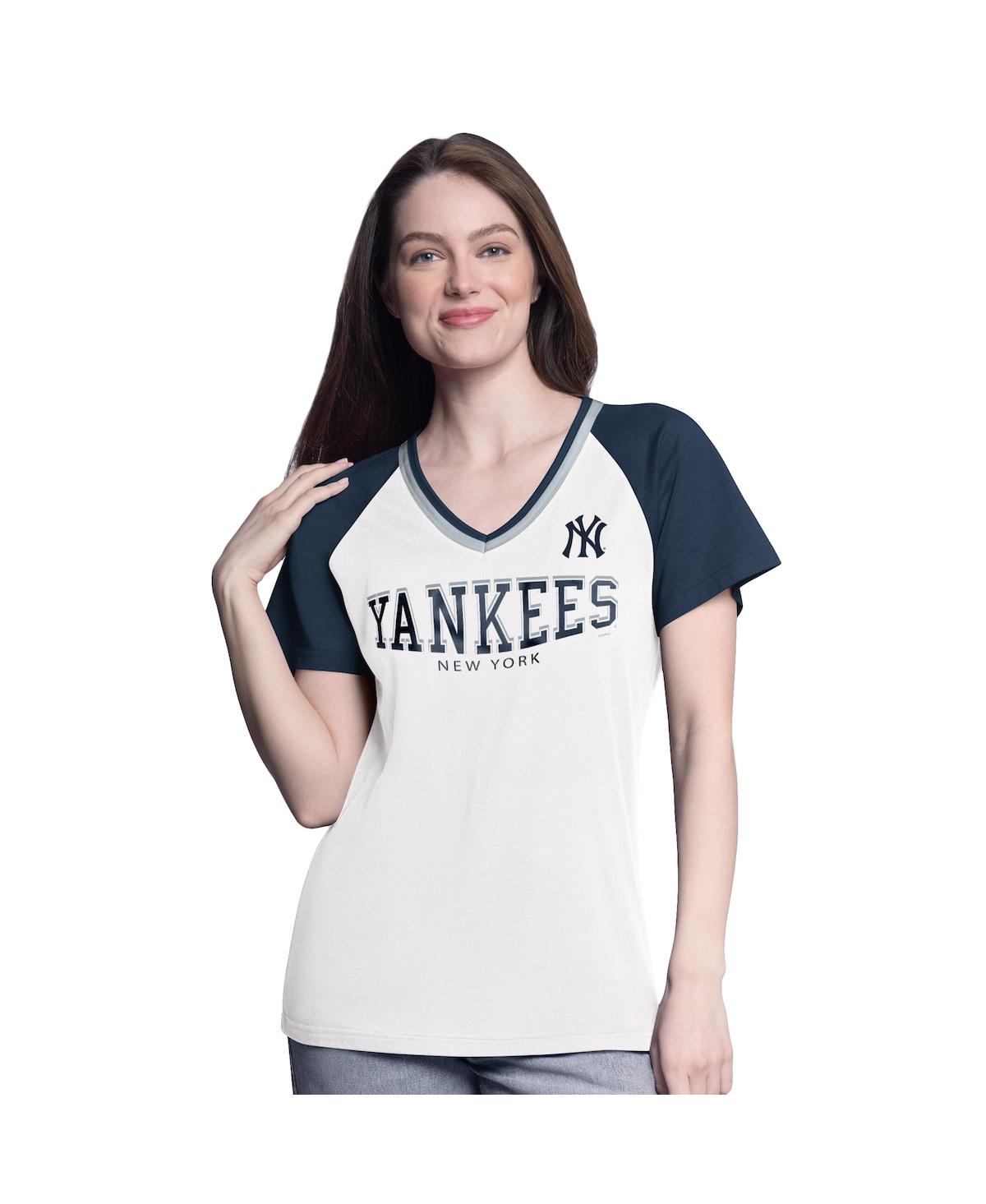 Women's White/Navy New York Yankees Ball Park Raglan V-Neck T-Shirt - White, Navy