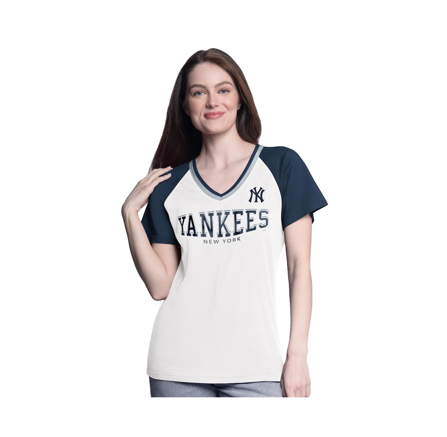 Women's White/Navy New York Yankees Ball Park Raglan V-Neck T-Shirt