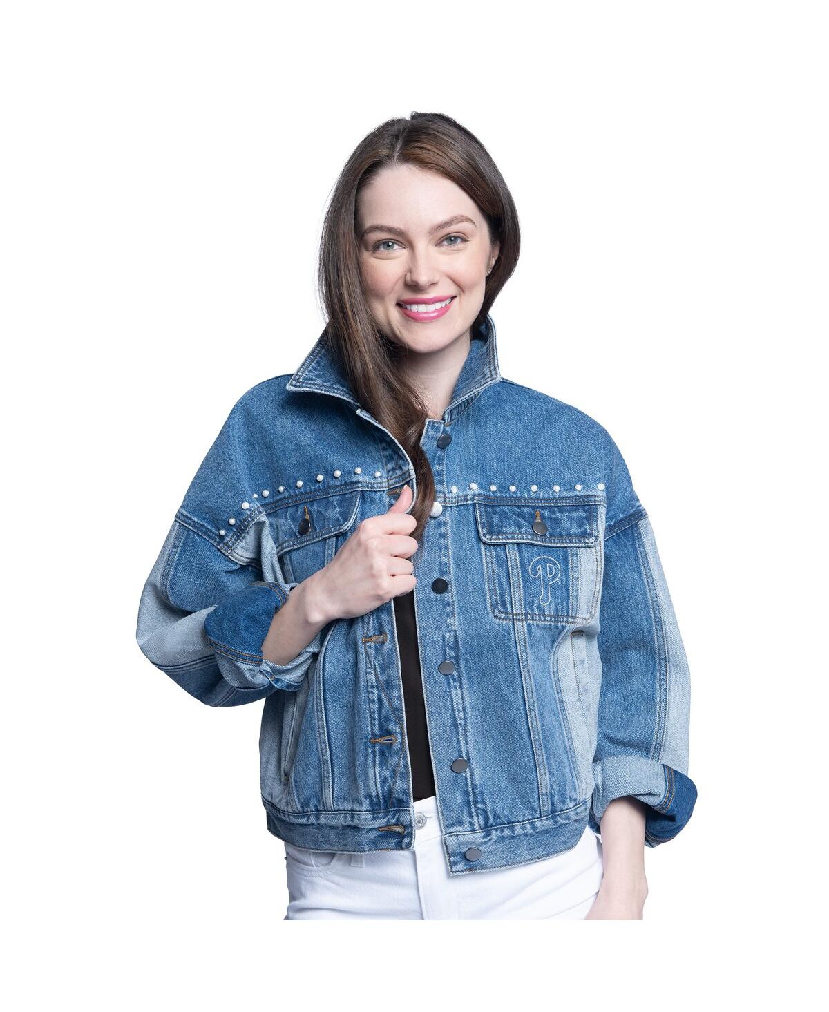 G-III SPORTS BY CARL BANKS WOMEN'S PHILADELPHIA PHILLIES VICTORY OVERSIZED BUTTON-UP DENIM JACKET 