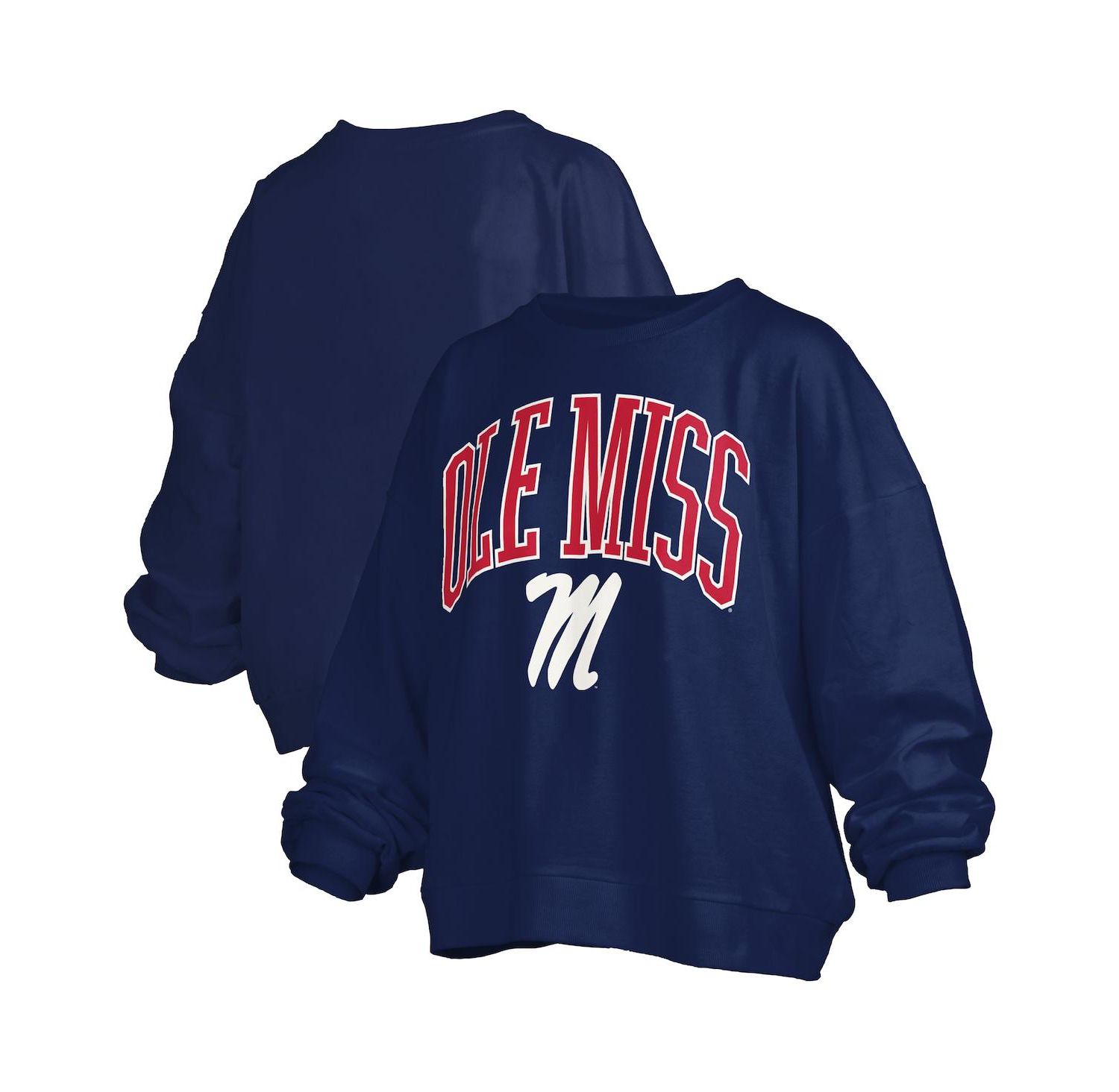 Women's Navy Ole Miss Rebels Janise Arch Over Logo Waist Length Oversized Pullover Sweatshirt