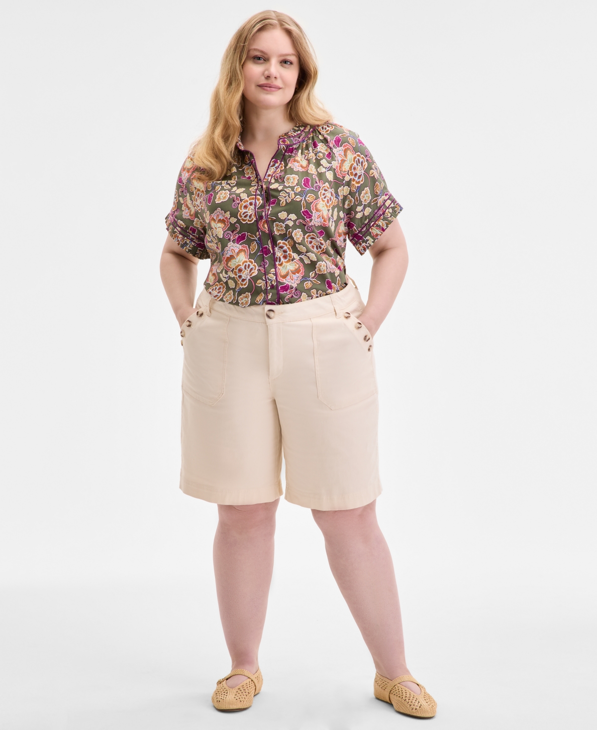 Trendy Plus Size AbSolution Skyrise Utility Bermuda Shorts - Ecru