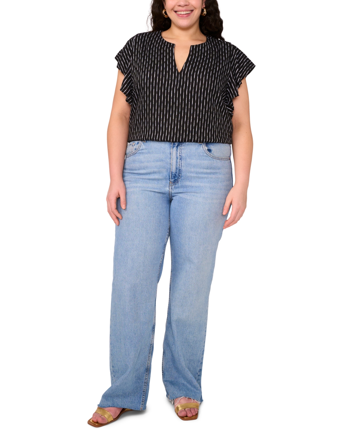 Vince Camuto Plus Size Split-neck Ruffle-sleeve Blouse In Black