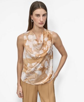 DKNY - Women's Printed Satin Cowlneck Sleeveless Blouse