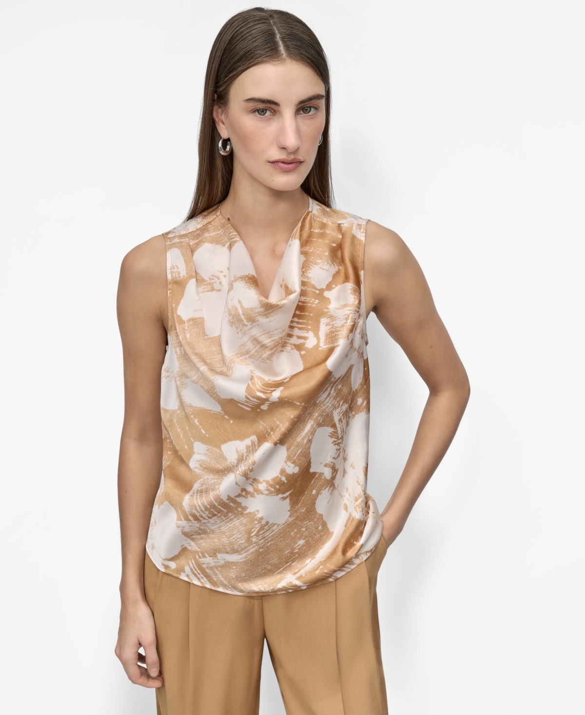 Women's Printed Satin Cowlneck Sleeveless Blouse - Whiskey Multi