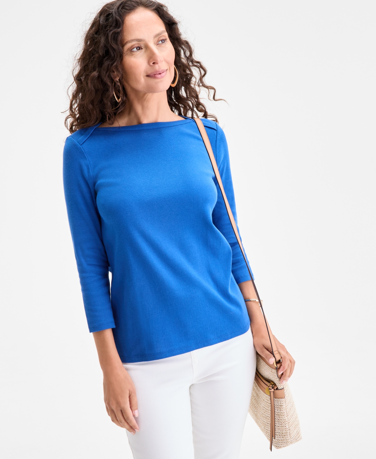 Women's Petite Pima Cotton 3/4-Sleeve Boat-Neck Top, Created for Macy's - Minty Turquoise