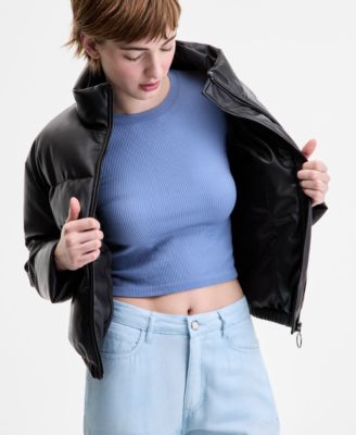 Juniors' Cropped Faux-Leather Puffer Coat
