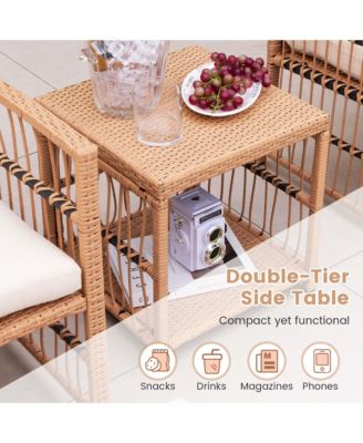 5 Piece Patio Rattan Wicker Conversation Set with 2-Tier Coffee Table & 2 Ottomans