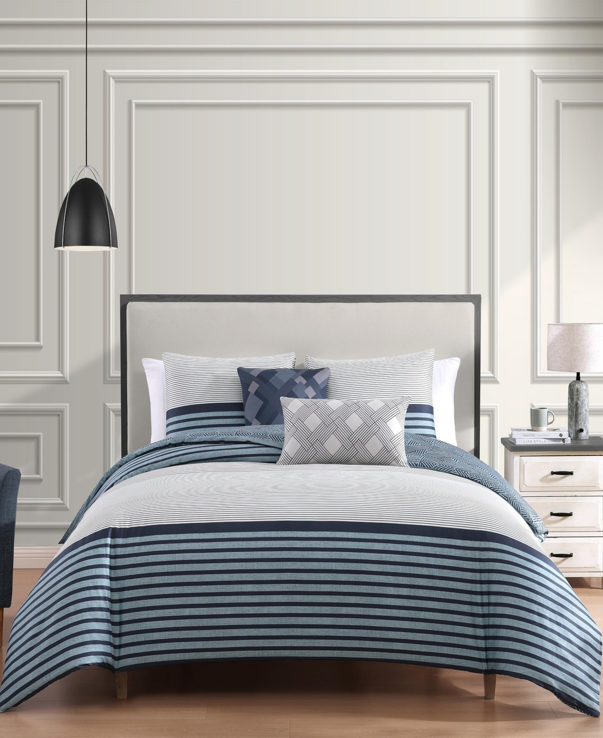 Bebejan Blue Geo Lines Bedding 100% Cotton Sateen 5 Piece King Size Reversible Comforter Set